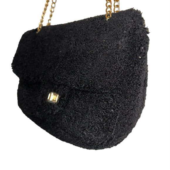 Black Teddy Bear Sherpa gold chain shoulder hand bag - Picture 4 of 4